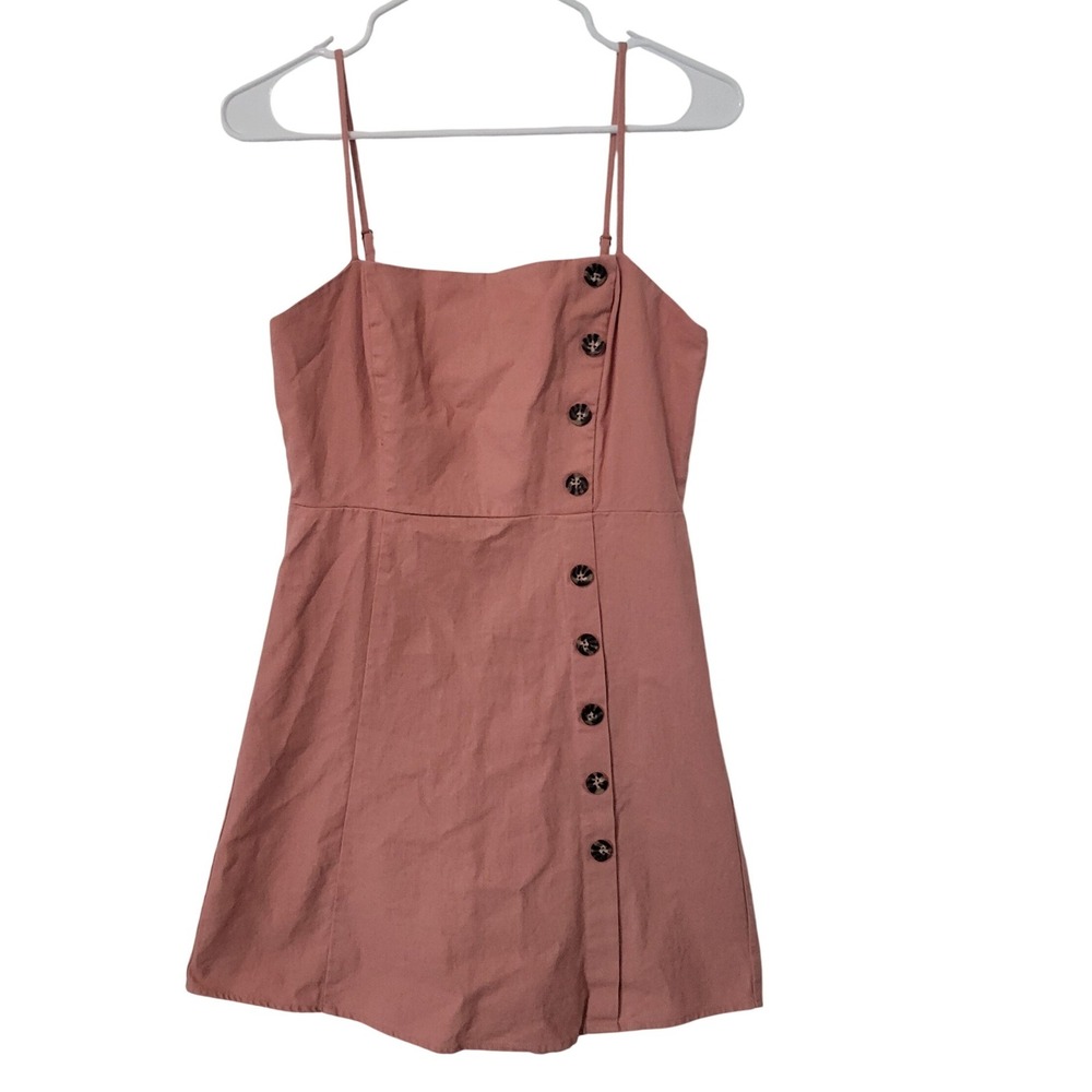 Pink Linen Blend Mini Sundress Medium Smocked Back Button Front Cottagecore Boho
